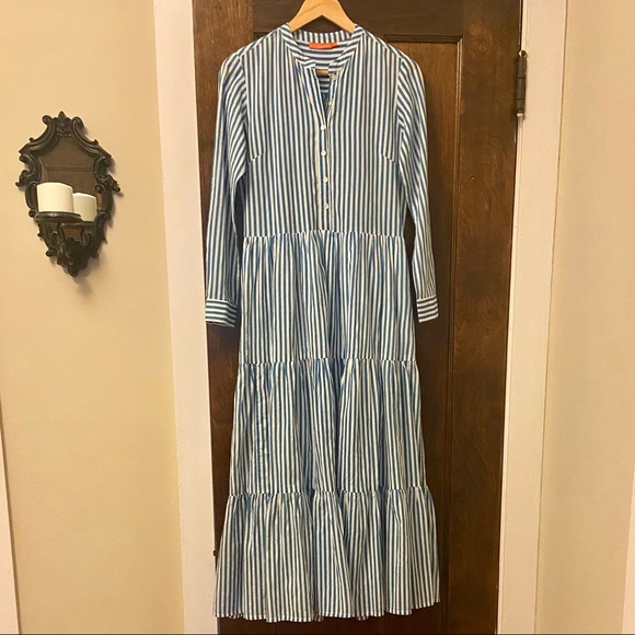 Oliphant Mandarin Maxi Dress in Playa Mini Blue Stripe, Size XS - Picture 4 of 10